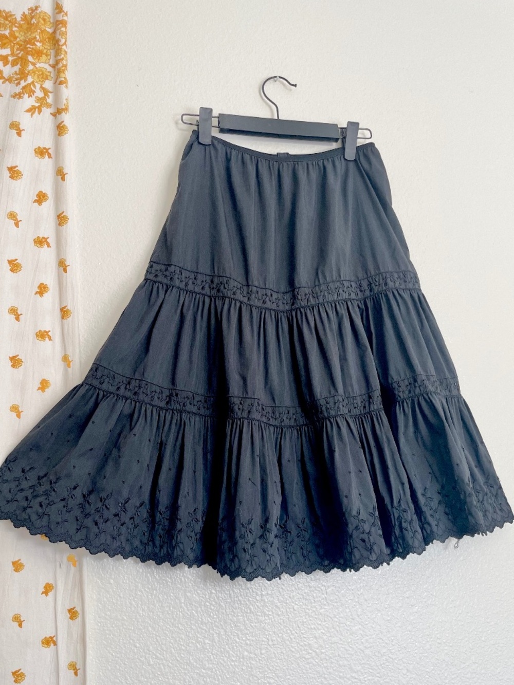 Vintage Black Eyelet Cotton Midi Skirt